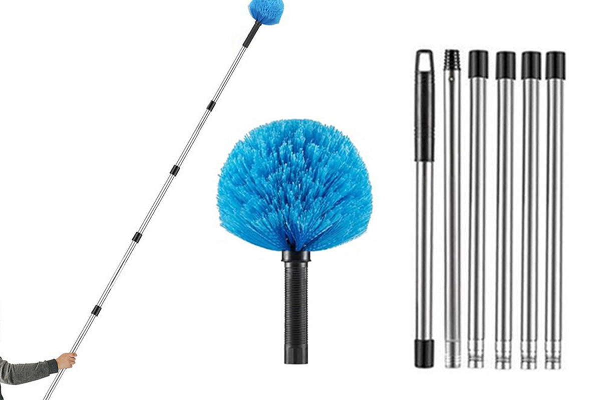 High Reach Blue Cobweb Duster With Extension Pole Spider Web Brush For Outdoor