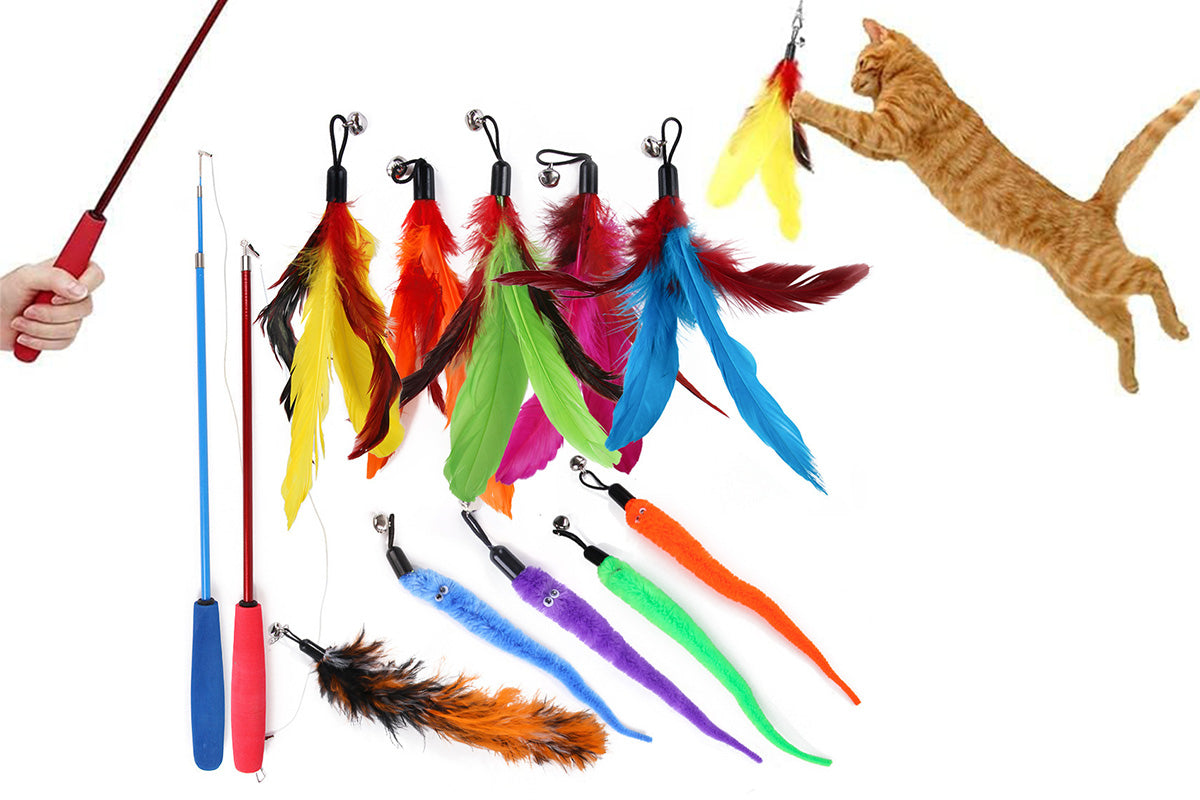 Interactive Cat Toy Set Telescopic Cat Wand with Feather Replacement Pack for Indoor Cat Play