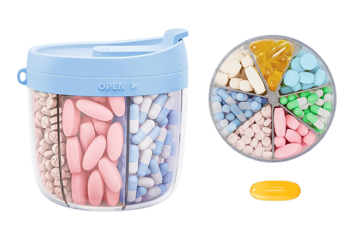 7 Compartments Pill Organizer Bottle with Handle and Rotating Lid for Travel Use