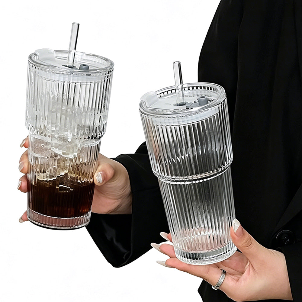 2Pcs Iced Coffee Cups with Lid Ribbed Glass Tumbler with Straw Leak Proof Reusable for To Go