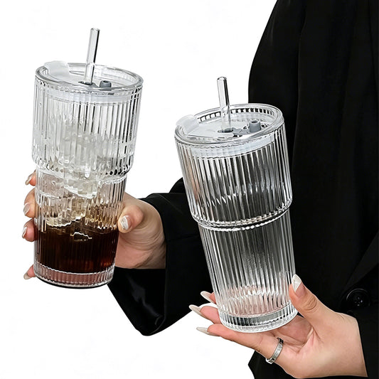 2Pcs Iced Coffee Cups with Lid Ribbed Glass Tumbler with Straw Leak Proof Reusable for To Go