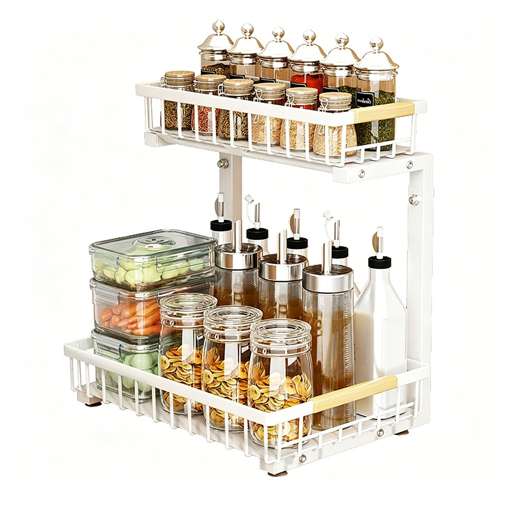 Under Sink Organizer 2 Tier Pull Out Cabinet Storage Slide Out Shelf Metal Sliding Drawer