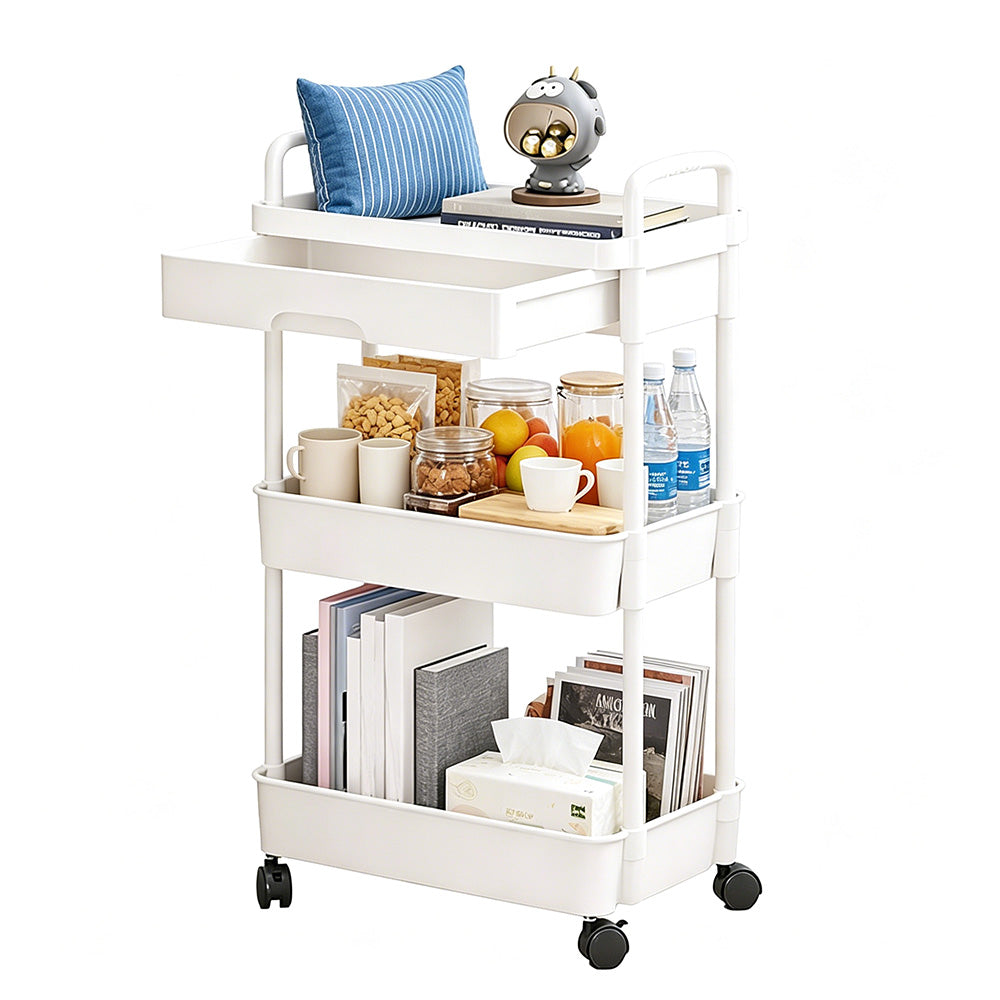 3 Tier Rolling Utility Cart with Removable Drawer for Kitchen Snack Craft