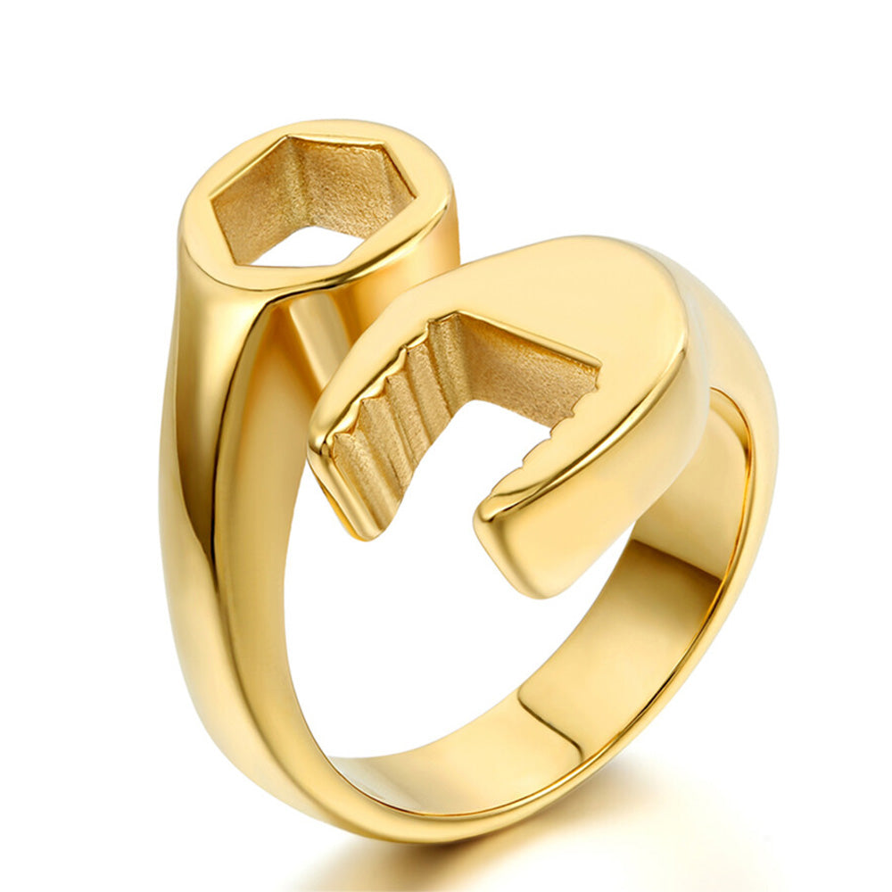 Stainless Steel Wrench Shaped Industrial Punk Ring for Men and Women-Gold
