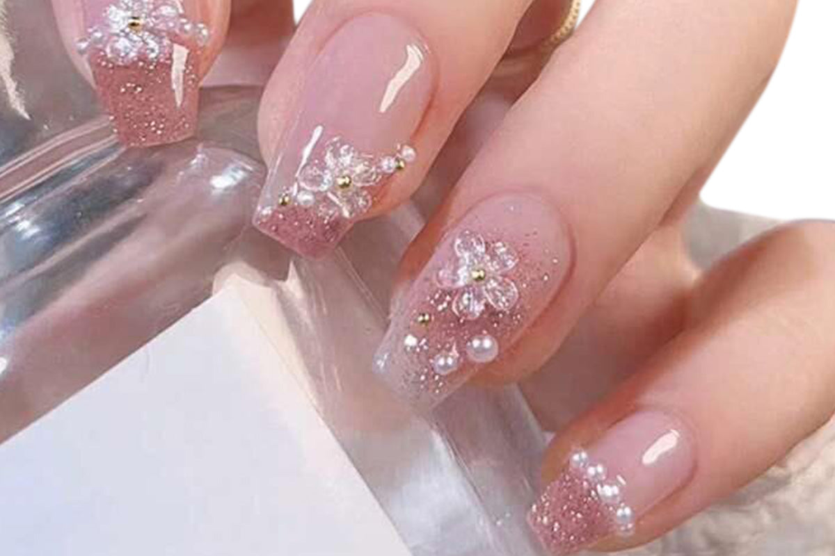 22-Piece Reusable Press-On Nail Set with Floral Design for Easy Manicure