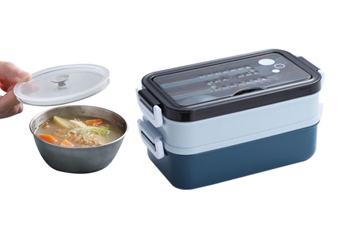 Bento Box Stackable 3-Compartment Lunch Containers With Dinnerware And Seal Cover