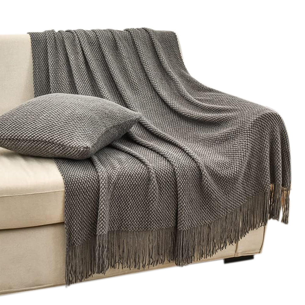 Vintage Knitted Throw Blanket with Tassels-Dark Grey