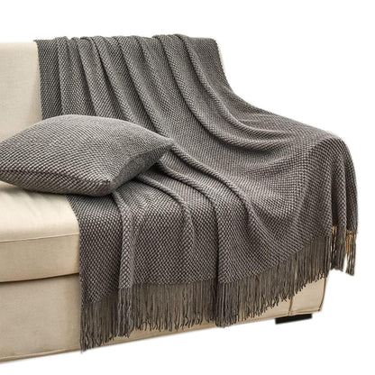 Vintage Knitted Throw Blanket with Tassels-Dark Grey