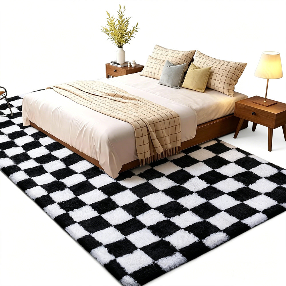 Soft Plush Shaggy Rug Checkered Thickened Non Slip Carpet for Living Room Bedroom