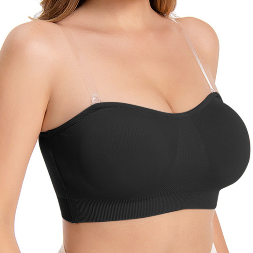 Women Strapless Wirefree Bandeau Bra with Removable Shoulder Straps-Black