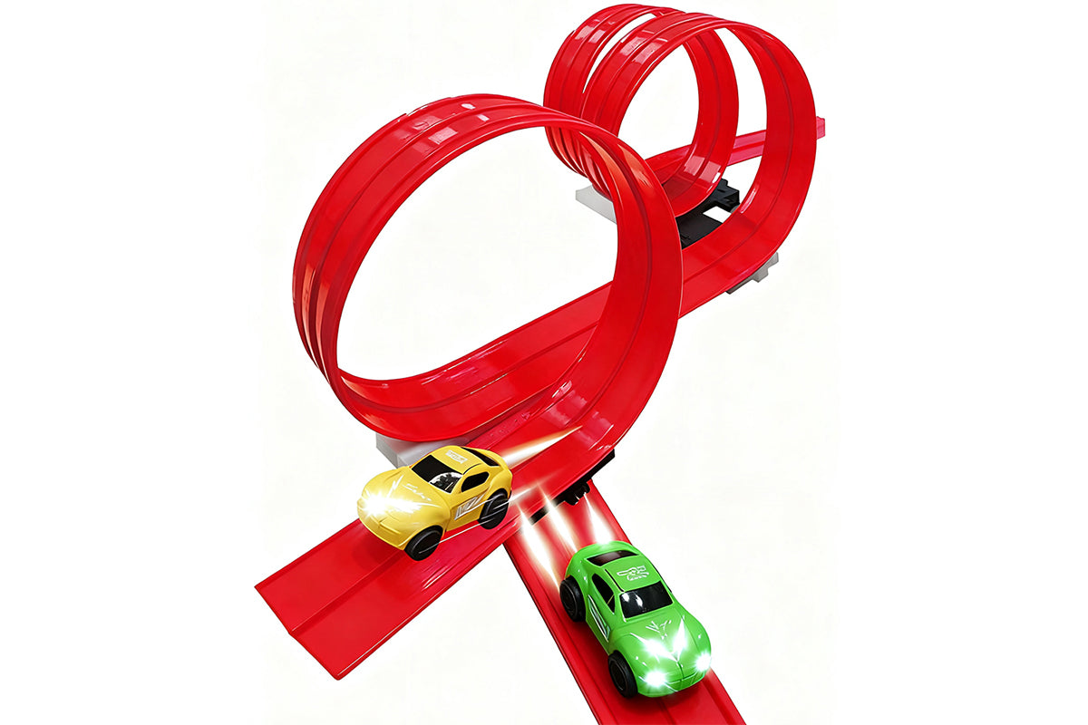 Flexible Race Car Track with Base and 360-Degree Rotating Cars