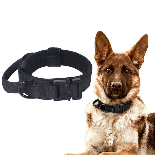 Adjustable Dog Collar with Handle Tactical Nylon Pet Collar for Medium Large Dogs-Black