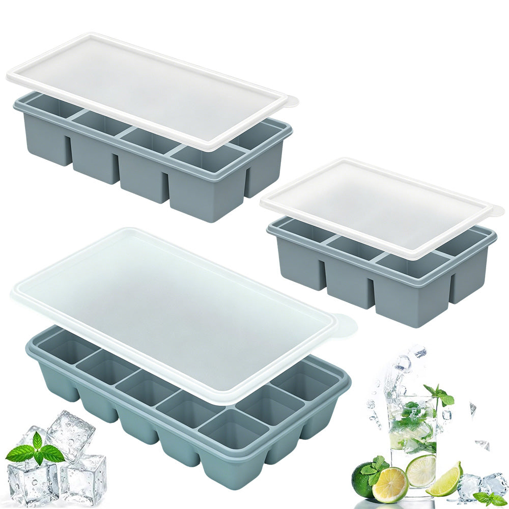 3 Pack Silicone Ice Cube Trays with Lids Large Ice Mold for Freezer