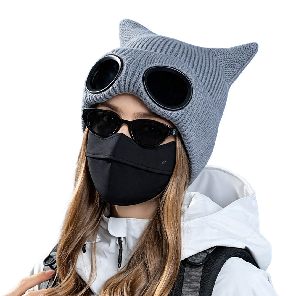 Double Layer Knit Winter Beanie with Goggles Cute Cat Ear Knit Beanie for Winter