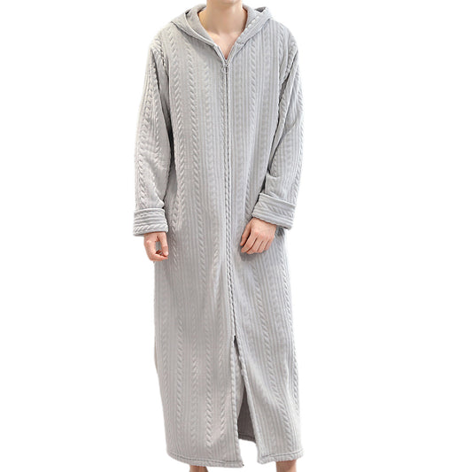 Unisex Long Hooded Zipper Bathrobe Fleece Robes Winter Warm Nightgown Sleepwear Pyjamas-Grey