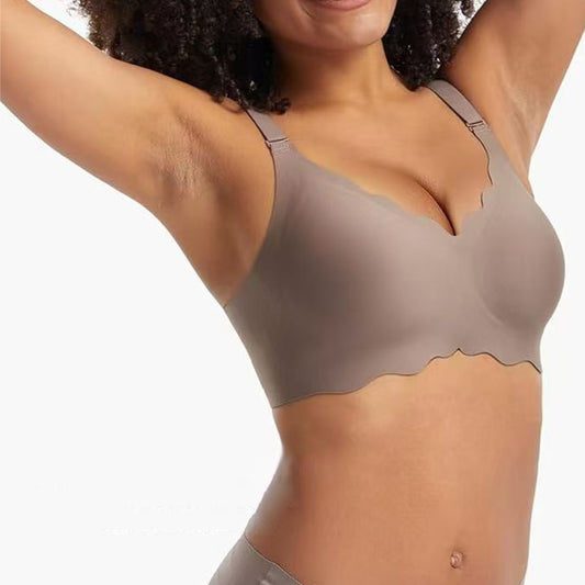 Wireless Bra Soft High Elastic V Neck Wavy Trim-Grey