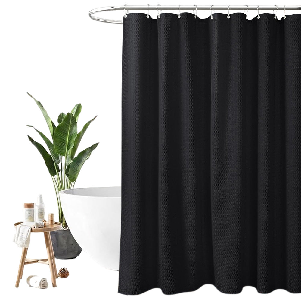 Waffle Weave Water Resistant Shower Curtain with 12 Rustproof Rings-Black
