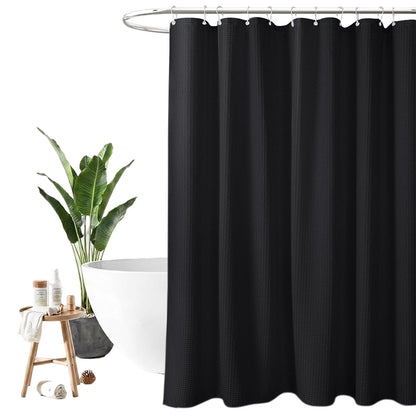 Waffle Weave Water Resistant Shower Curtain with 12 Rustproof Rings-Black