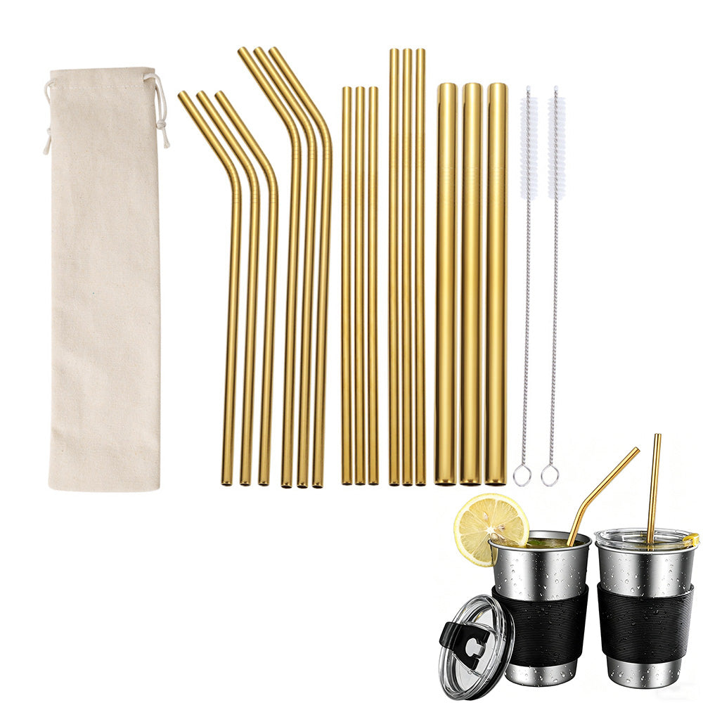 17Pcs Reusable Stainless Steel Straws Set with Cleaning Brushes and Pouch