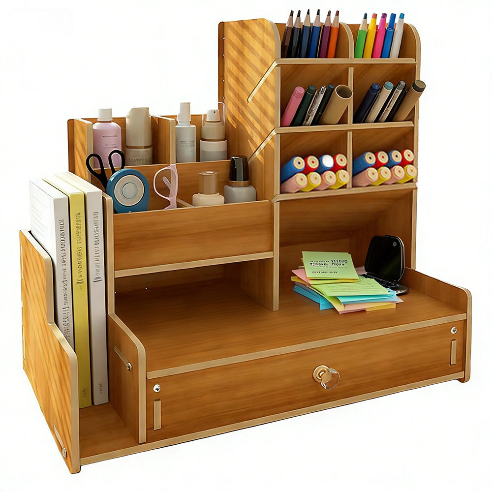 Wooden Desk Organizer with Drawers Art Supplies Storage Desktop Stationary