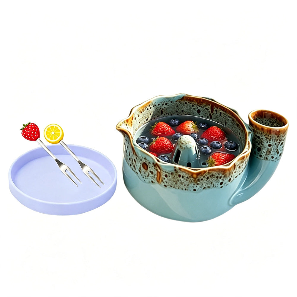 Self-Spinning Ceramic Berry Washing Bowl Set with Drain Holes and 2 Fruit Forks for Cleaning Berries