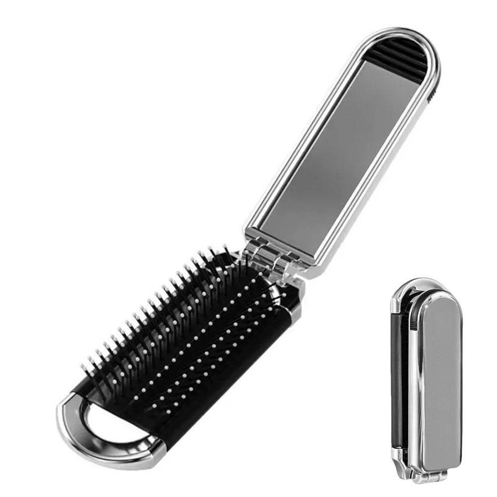 2Pcs Folding Hair Brush with Detachable Makeup Mirror Portable for Travel Student Office