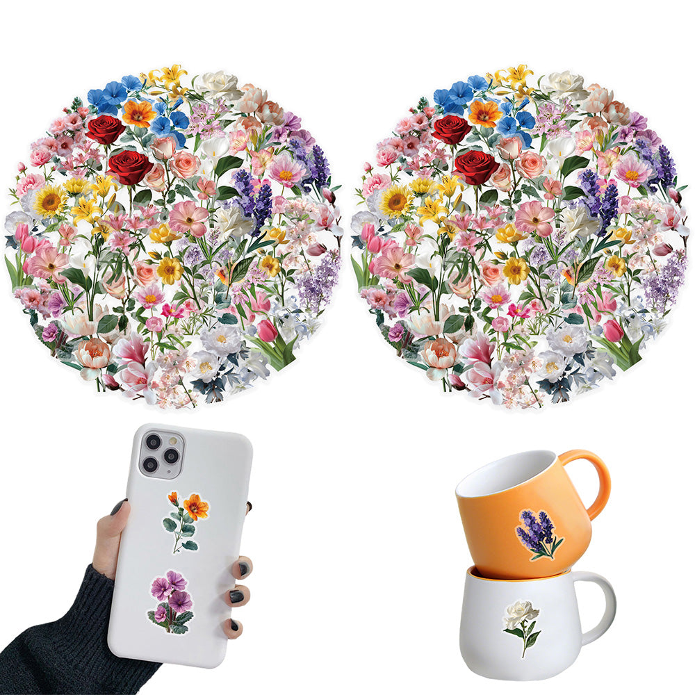 50 Pcs Floral Transparent PET Stickers DIY Decals for Phone Case Cup Laptop