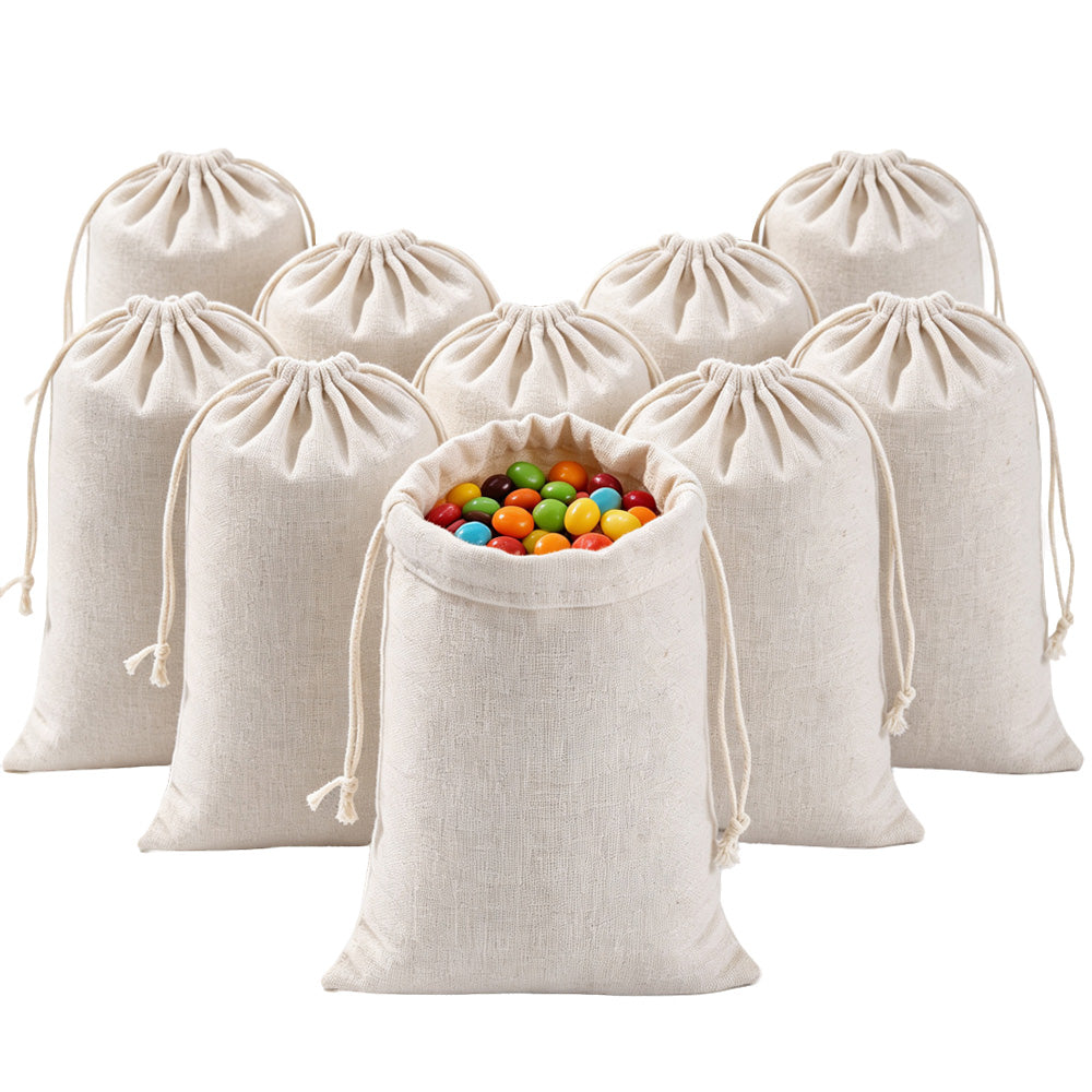 10 Pack Cotton Linen Drawstring Storage and Gift Bags in 2 Sizes