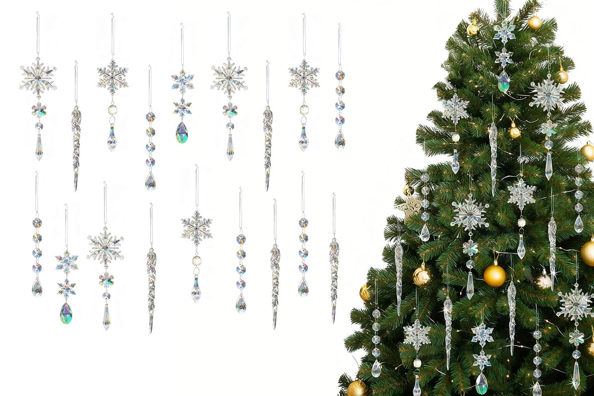 18Pcs Hanging Acrylic Christmas Snowflake Icicle Drop Ornaments for Xmas Tree