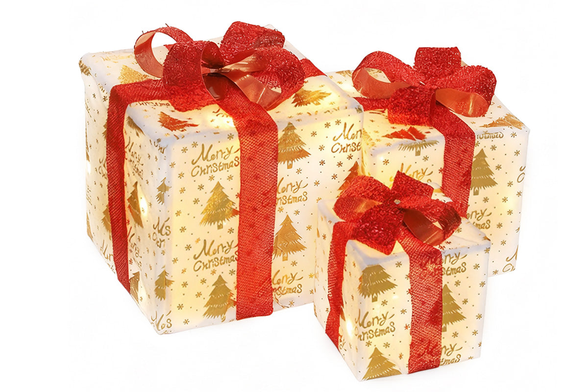 3PCS Christmas Lighted Gift Boxes With 8 Modes For Holiday Indoor Outdoor Decorations