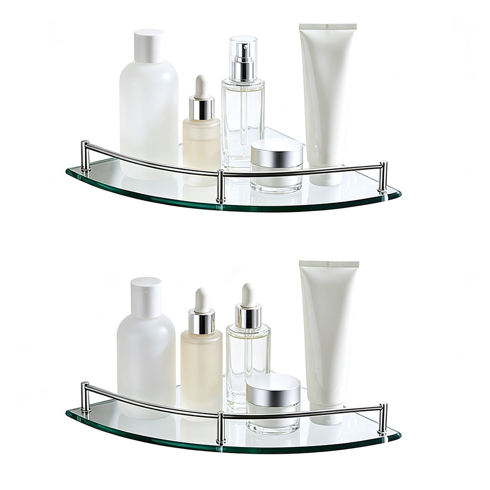 2XGlass Corner Bathroom Shelf with Stainless Steel Guard Rail