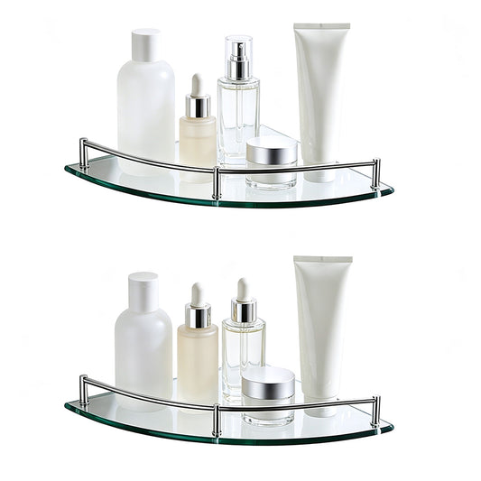 2XGlass Corner Bathroom Shelf with Stainless Steel Guard Rail