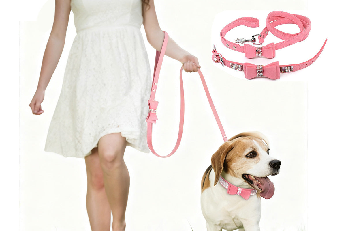 Dazzling Embellishments Dog Leashes and Collars with Bow Knot for Small Dogs Puppy