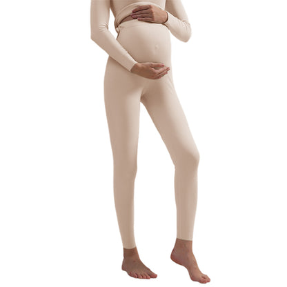 Maternity Leggings Pregnancy High Waist Warm Thermal Pants with Adjustable Belly Band-Beige