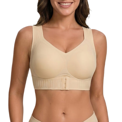 Wireless Front Closure Seamless Full Coverage Cross Back Bra for Women-Beige