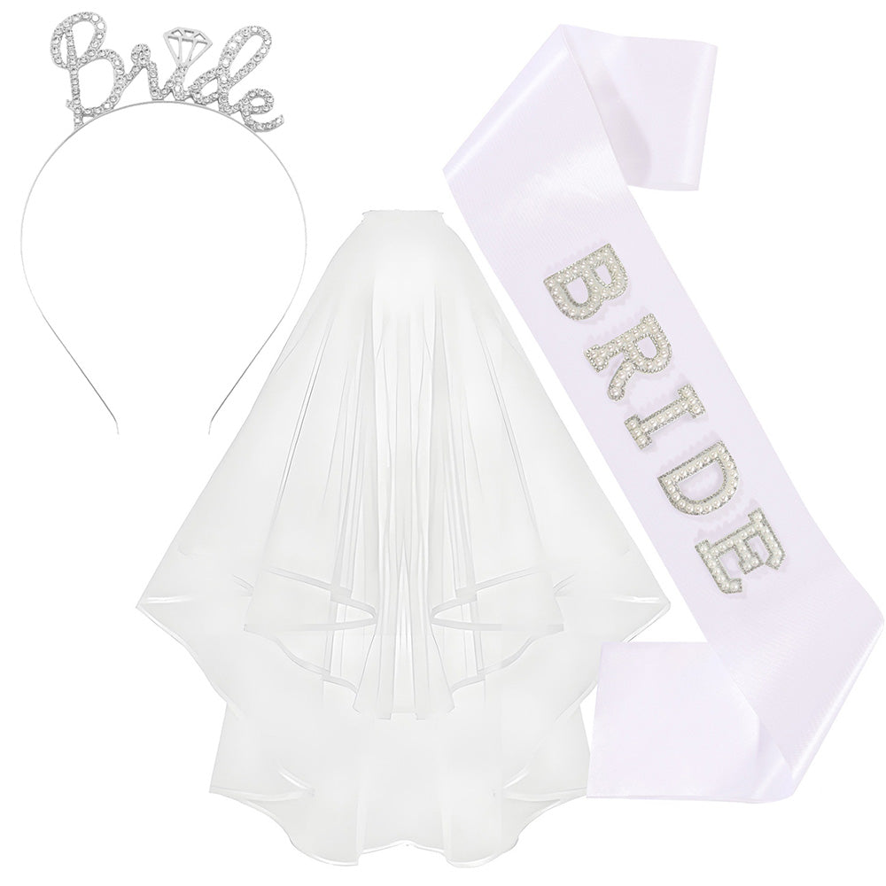 Bride Accessory Set with Veil Sash and Headband for Bachelorette Party Bridal Shower