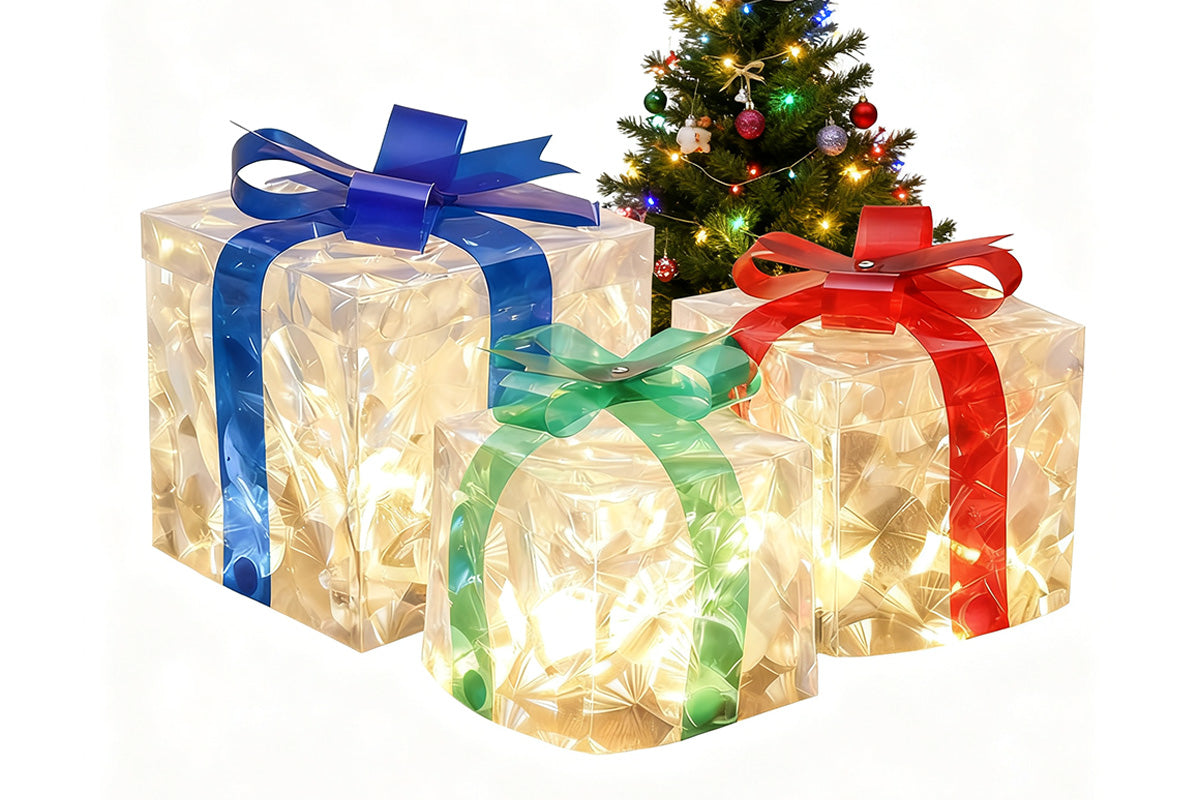 3D 3-Pack Christmas Gift Box with LED Lights Decorations