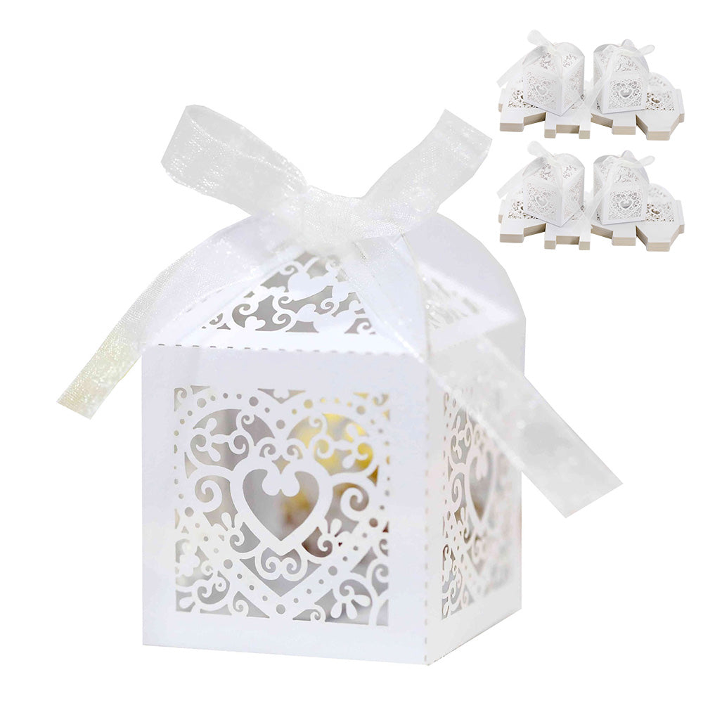 2X 50 Pack Laser Cut Pearl Paper Candy Favor Boxes with Ribbons