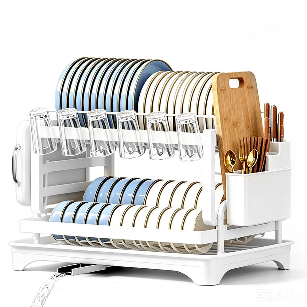 Two-Tier Carbon Steel Dish Drying Rack with Divided Storage