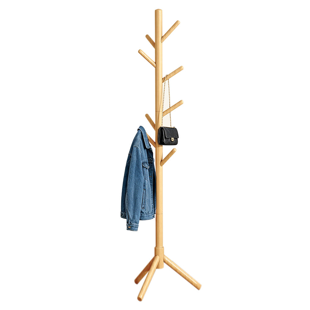 Solid Wood Freestanding Coat Rack with 8 Hooks Tripod Base for Bedroom Entryway