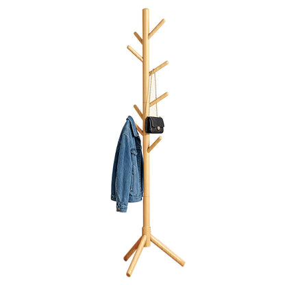 Solid Wood Freestanding Coat Rack with 8 Hooks Tripod Base for Bedroom Entryway