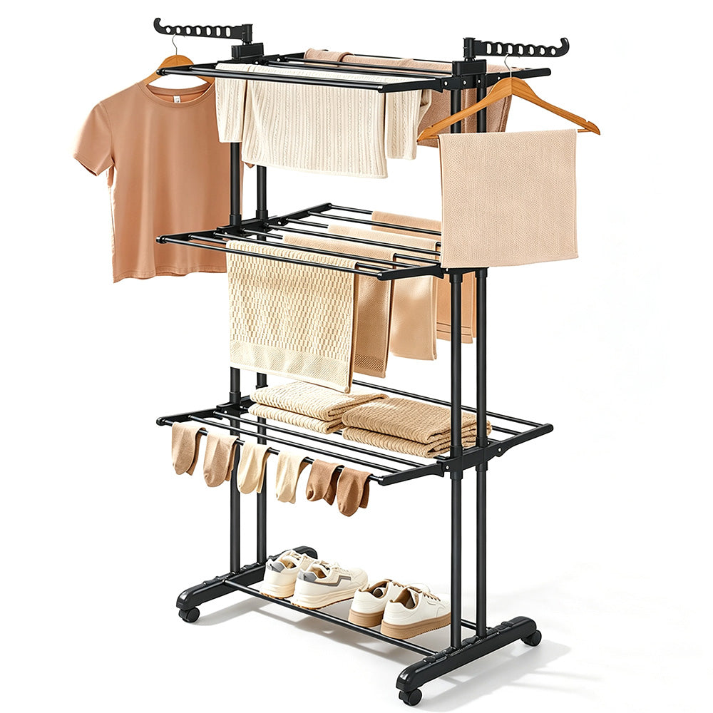 4 Tier Foldable Clothes Drying Rack with Wheels and Storage Hooks