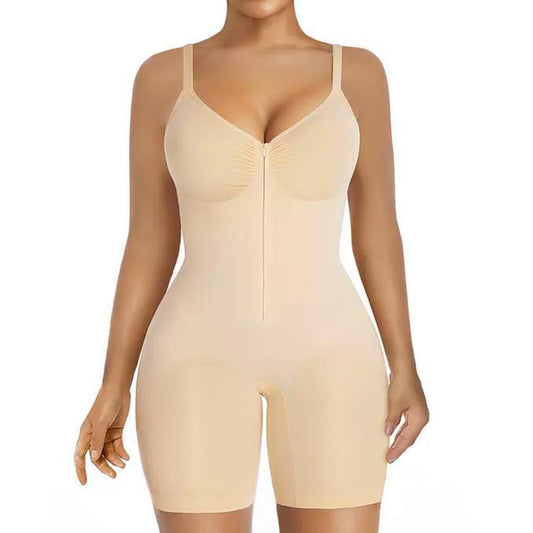 Seamless Shaping Bodysuit with Front Zipper Hook and Adjustable Straps-Beige