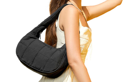Small Puffer Crescent Shoulder Bag for Women Nylon Quilted Handbag with Adjustable Strap
