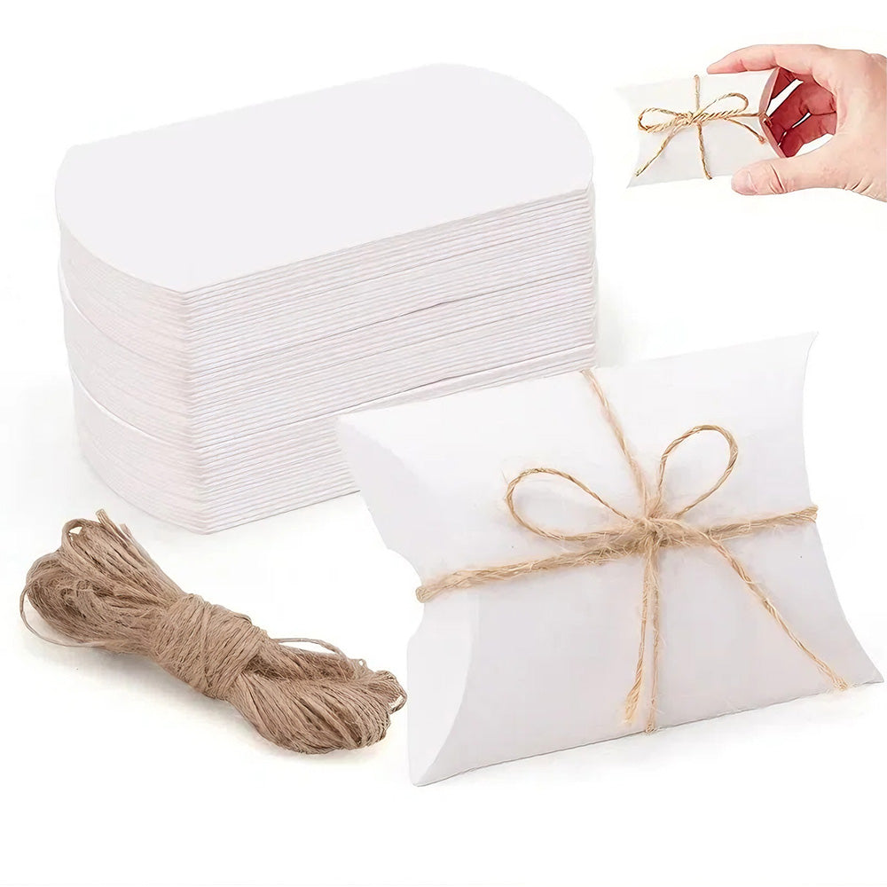 50 Pack Kraft Paper Pillow Gift Boxes with Ribbons for Weddings and Parties