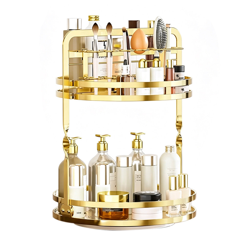 Rotating Makeup Organizer Double Layer with Brush Holder for Skincare Perfume