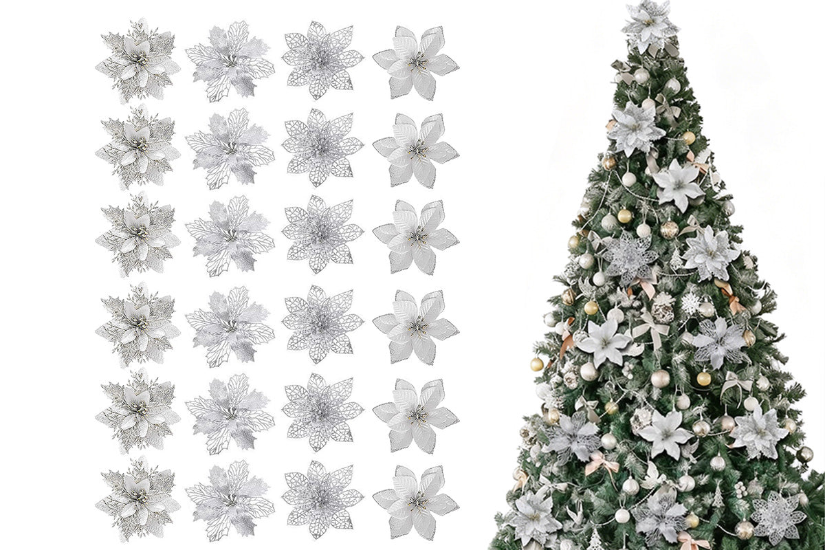 24Pcs Artificial Flowers Christmas Tree Decorations for Wreath Fireplace Stairs