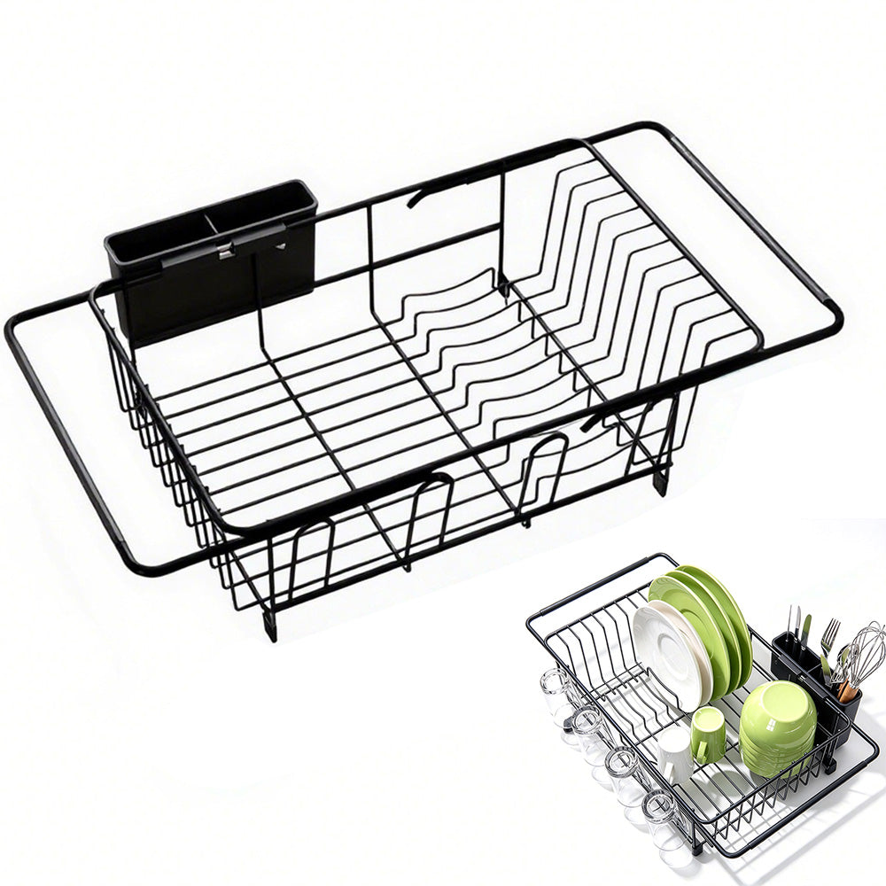 Expandable Stainless Steel Over Sink Dish Drying Rack with Utensil Holder