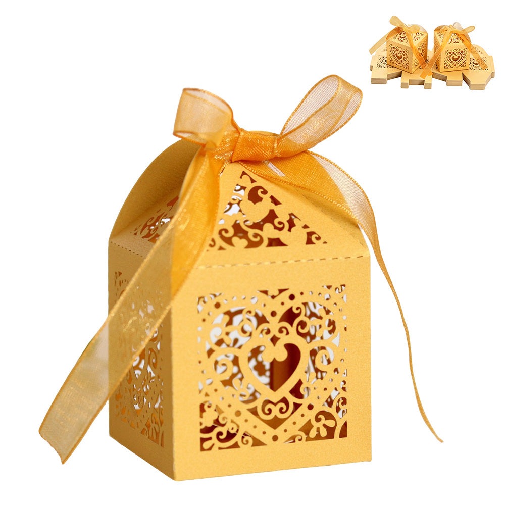 50 Pack Laser Cut Pearl Paper Candy Favor Boxes with Ribbons