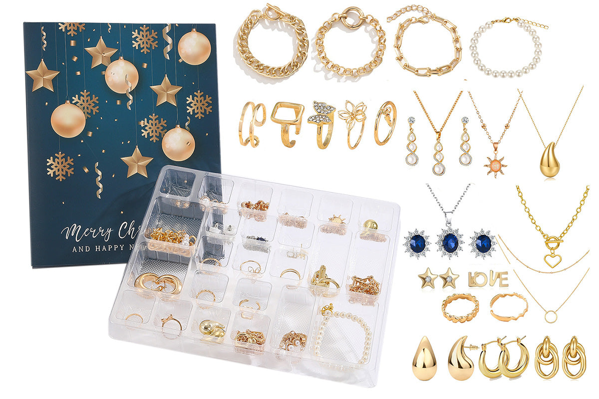 24PCS Christmas Jewelry Advent Calendar Bracelet Necklace Ring Earrings Set